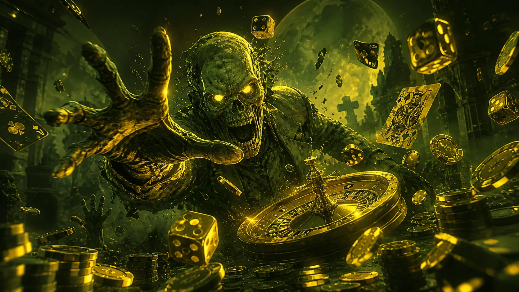 Cinematic image of stacked poker chips and glowing slot reels with a zombie theme and eerie green light.
